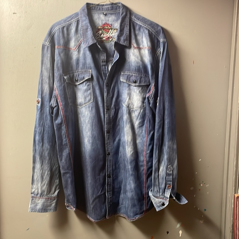 Scully Western Shirt Mens Long Sleeve Snap Roll-Up Tabs Denim size M